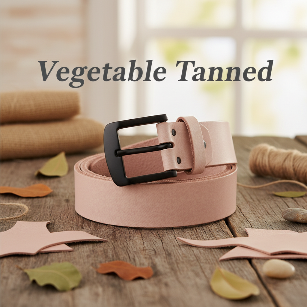 A belt made from leather with vegetable tanning processing, suitable for both men and women.